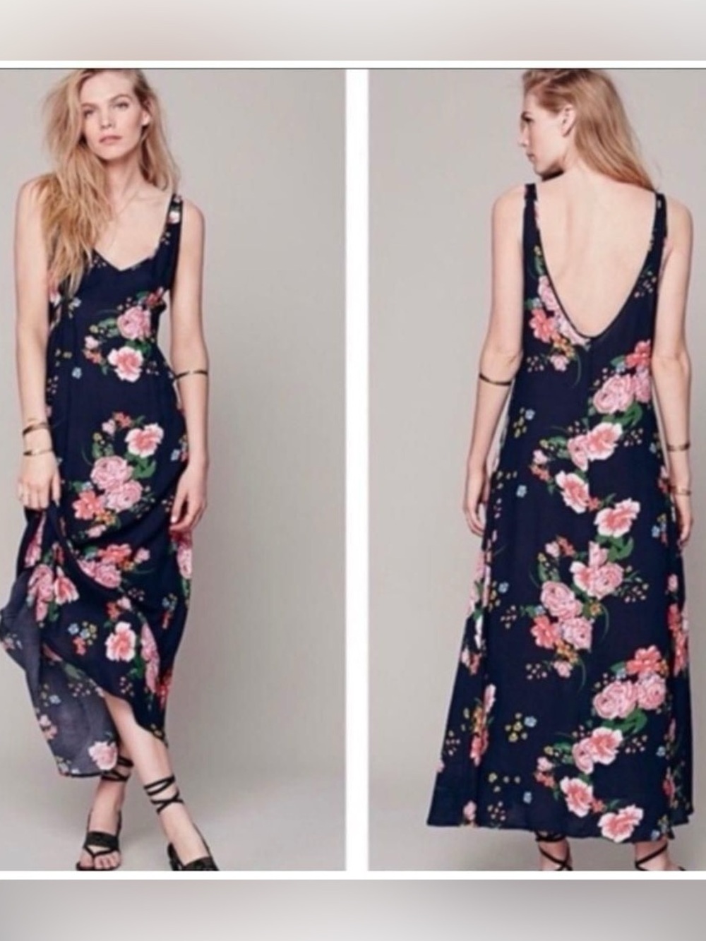 Free People Navy Floral Maxi Dress with Pink Roses As Is